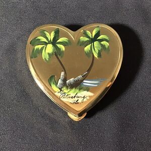Vintage Compact Palm Trees Hand Painted Makeup Cosmetic Heart Shape Florida